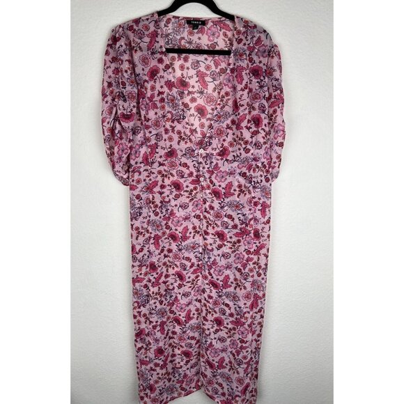 torrid Other - Torrid Pink Floral Chiffon Ruched Sleeve Tie Kimono Duster Size 2